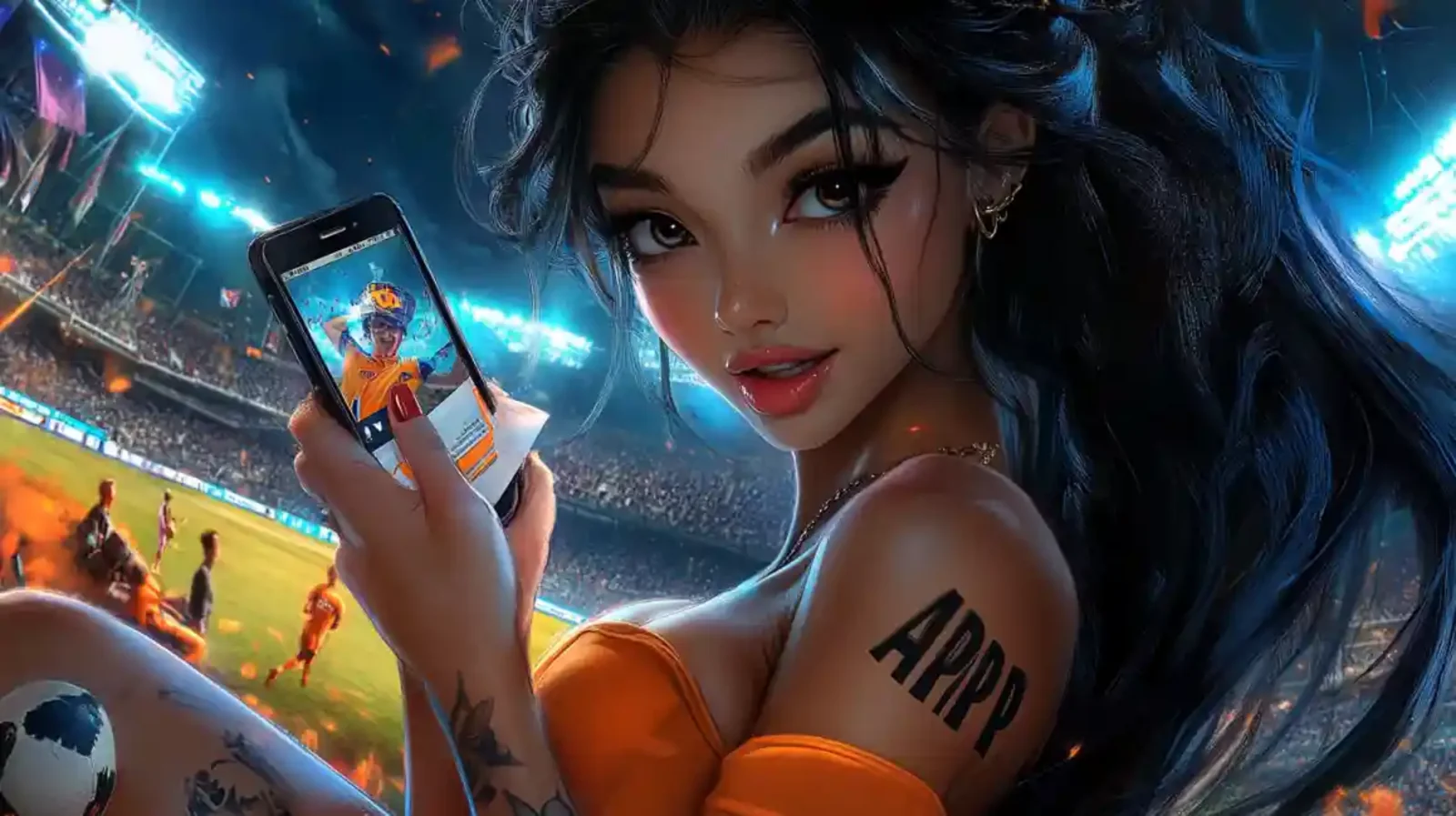 Stadium Betting App Woman at sports stadium using betting app on smartphone