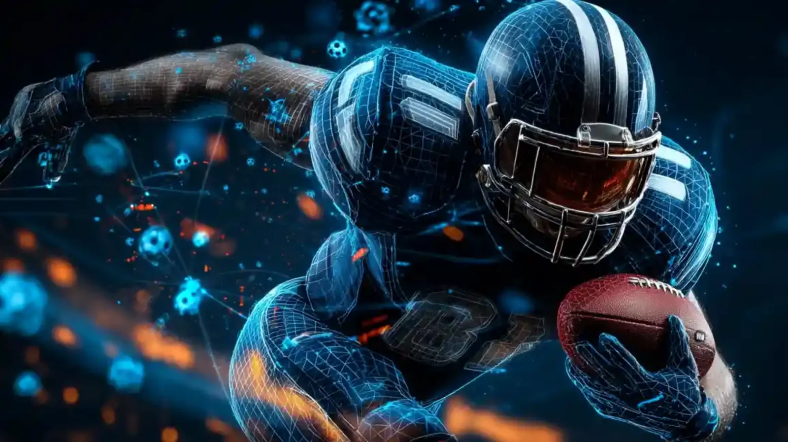 Futuristic football player in digital wireframe style carrying ball