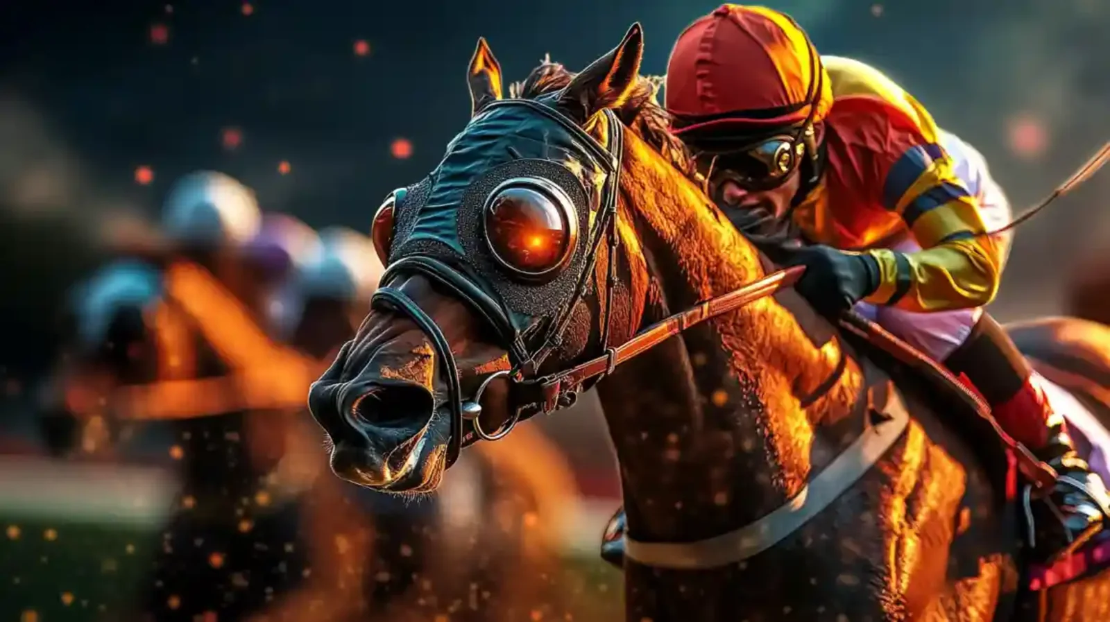 Horse racing jockey in colorful uniform riding at high speed