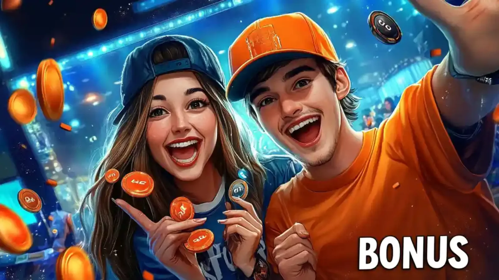 Excited young couple celebrating casino bonus with flying orange coins