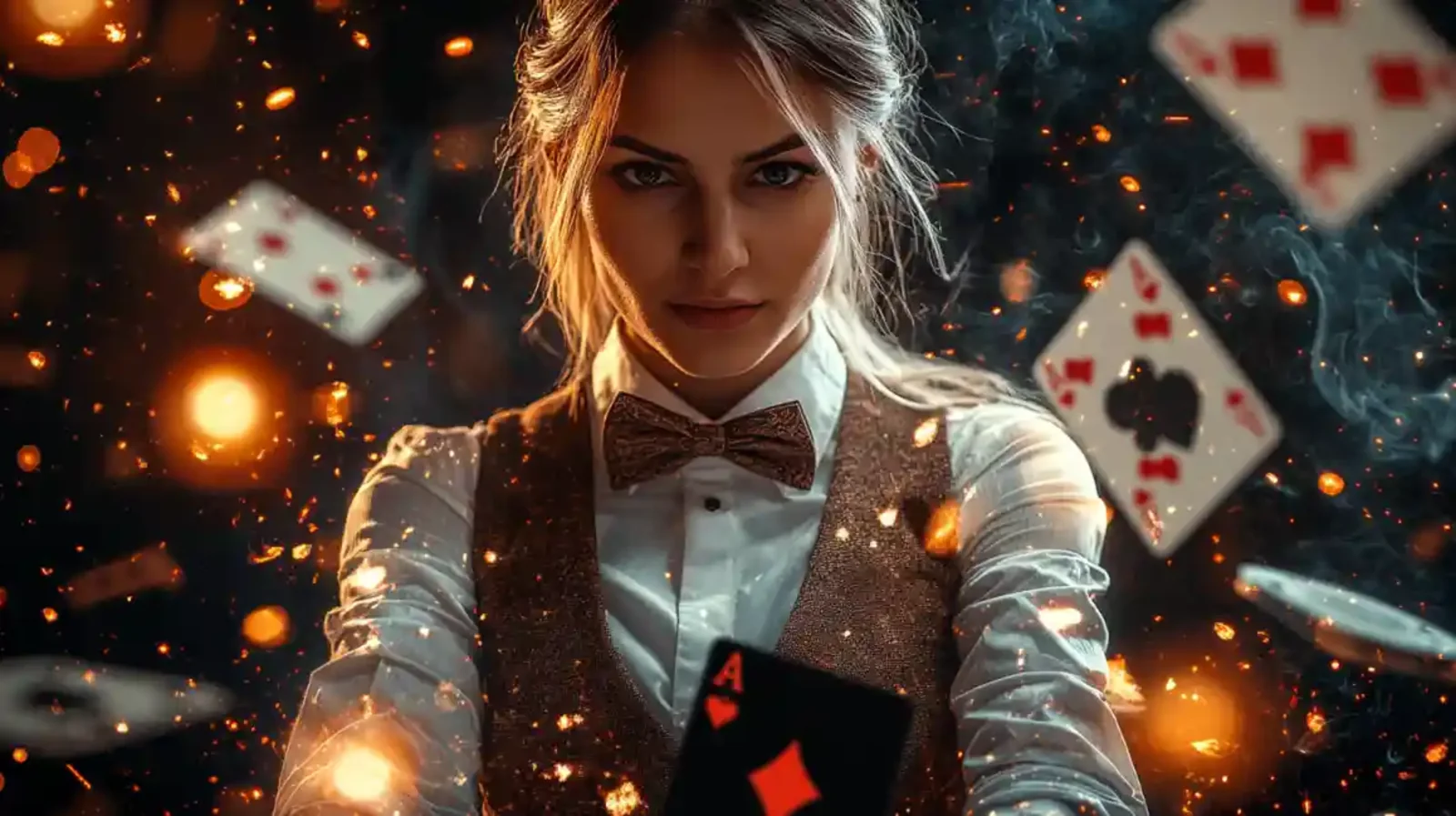 Professional female dealer in vest with flying cards in dramatic lighting