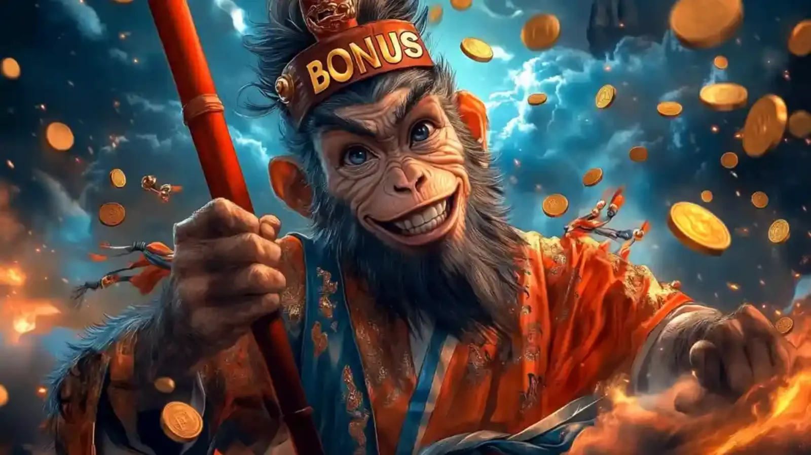 Cartoon monkey character in orange outfit with bonus headband and golden coins
