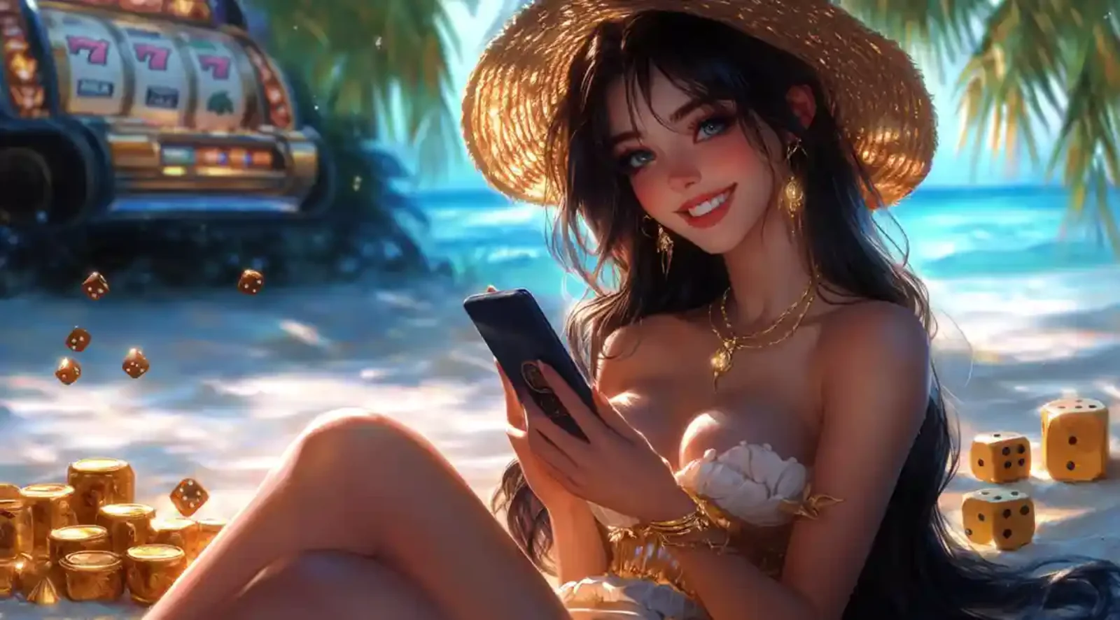 Woman in straw hat using casino app on tropical beach with dice