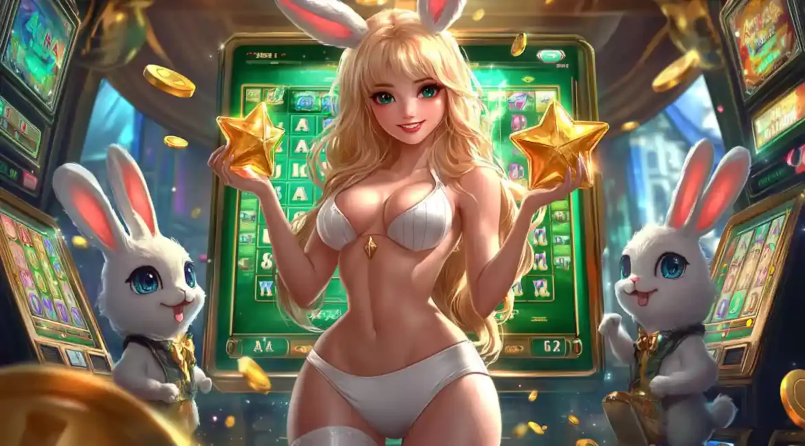 Anime bunny girl character with golden stars in front of slot machines
