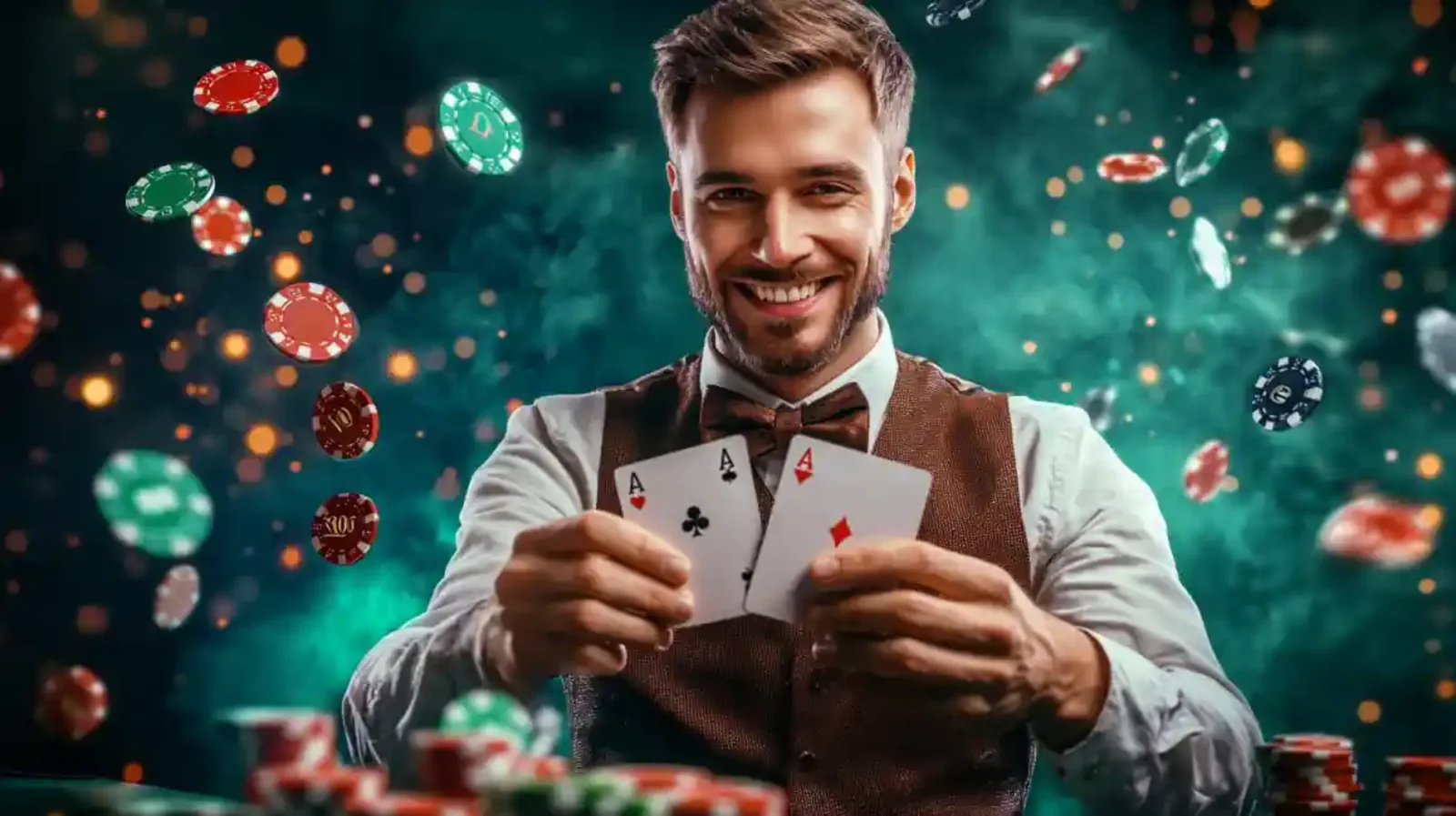 Professional male dealer in vest holding four aces with casino chips flying