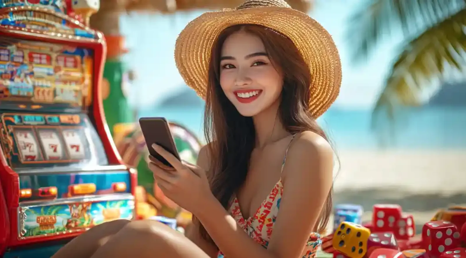 Asian woman in summer hat playing slot game on phone at beach