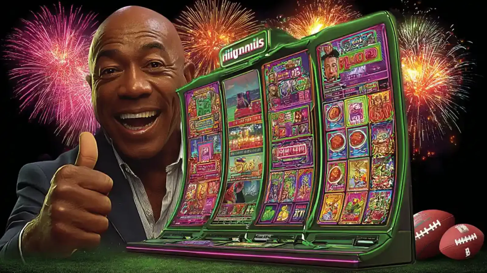 Man celebrating with thumbs up next to giant colorful slot machine