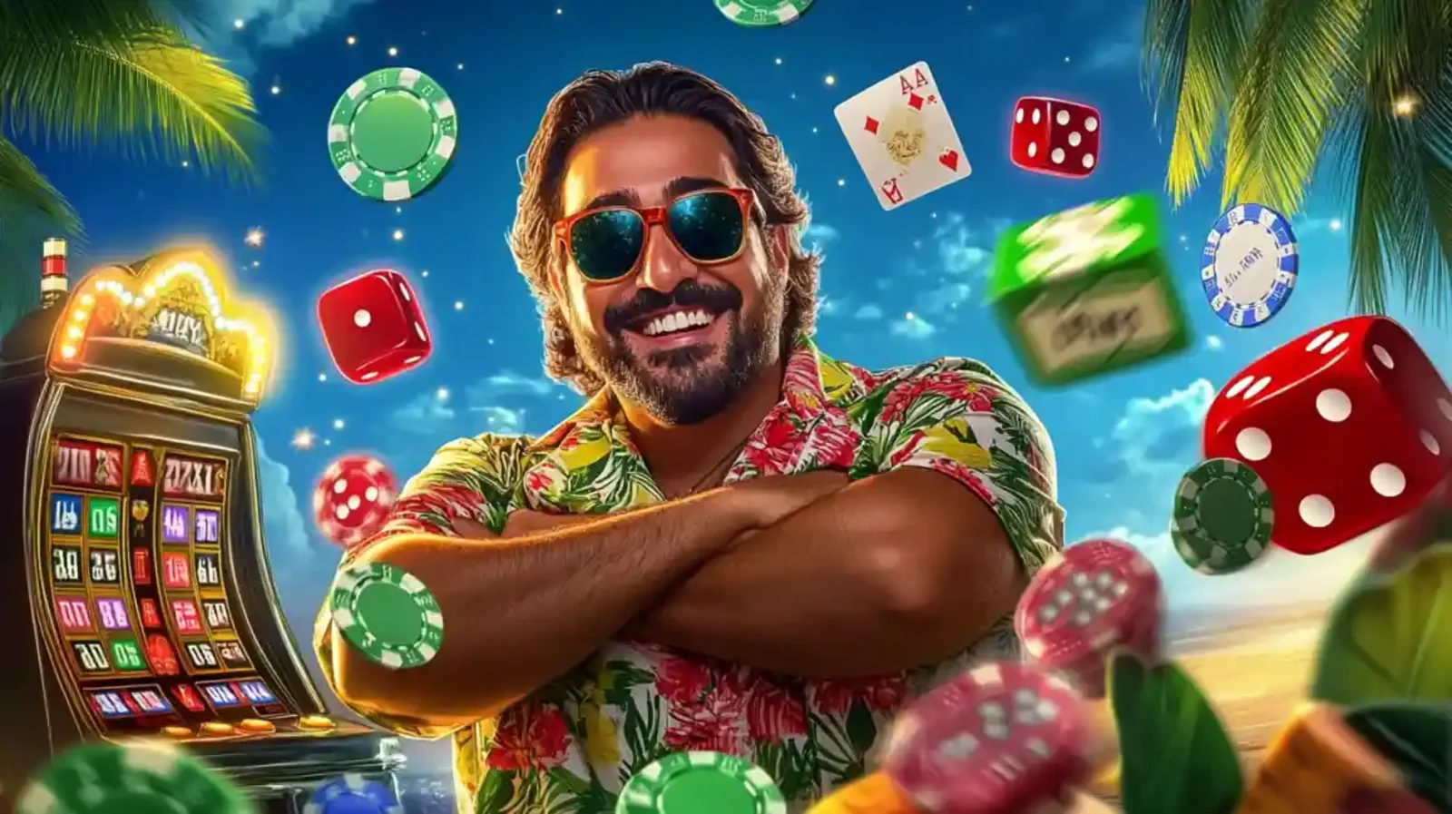Man in Hawaiian shirt surrounded by casino elements and tropical beach atmosphere