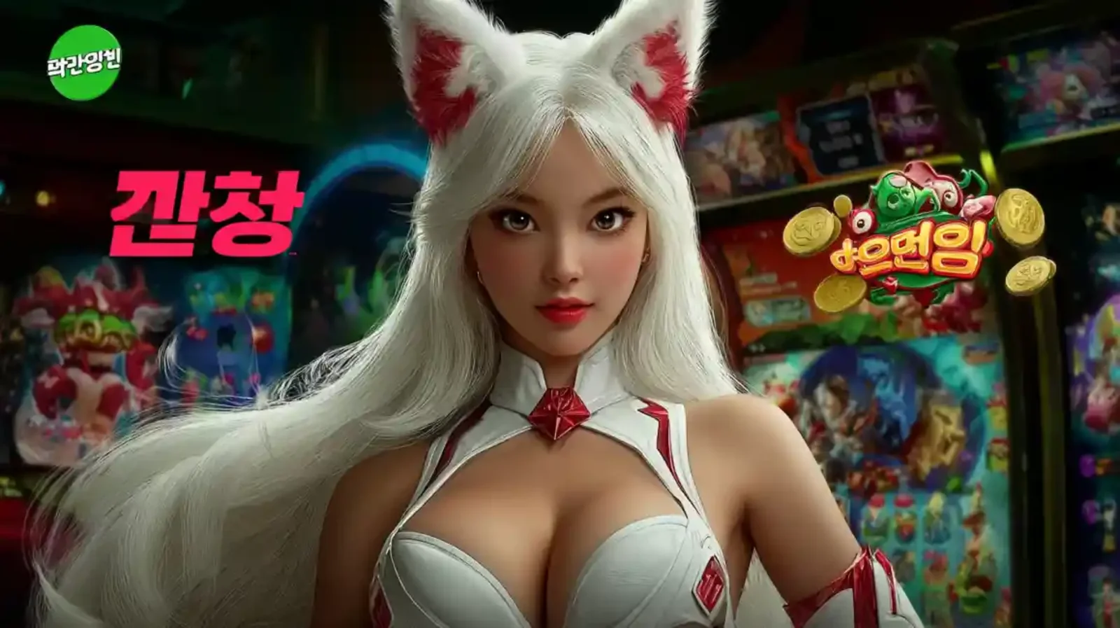 White haired anime fox girl character in casino arcade with Korean text